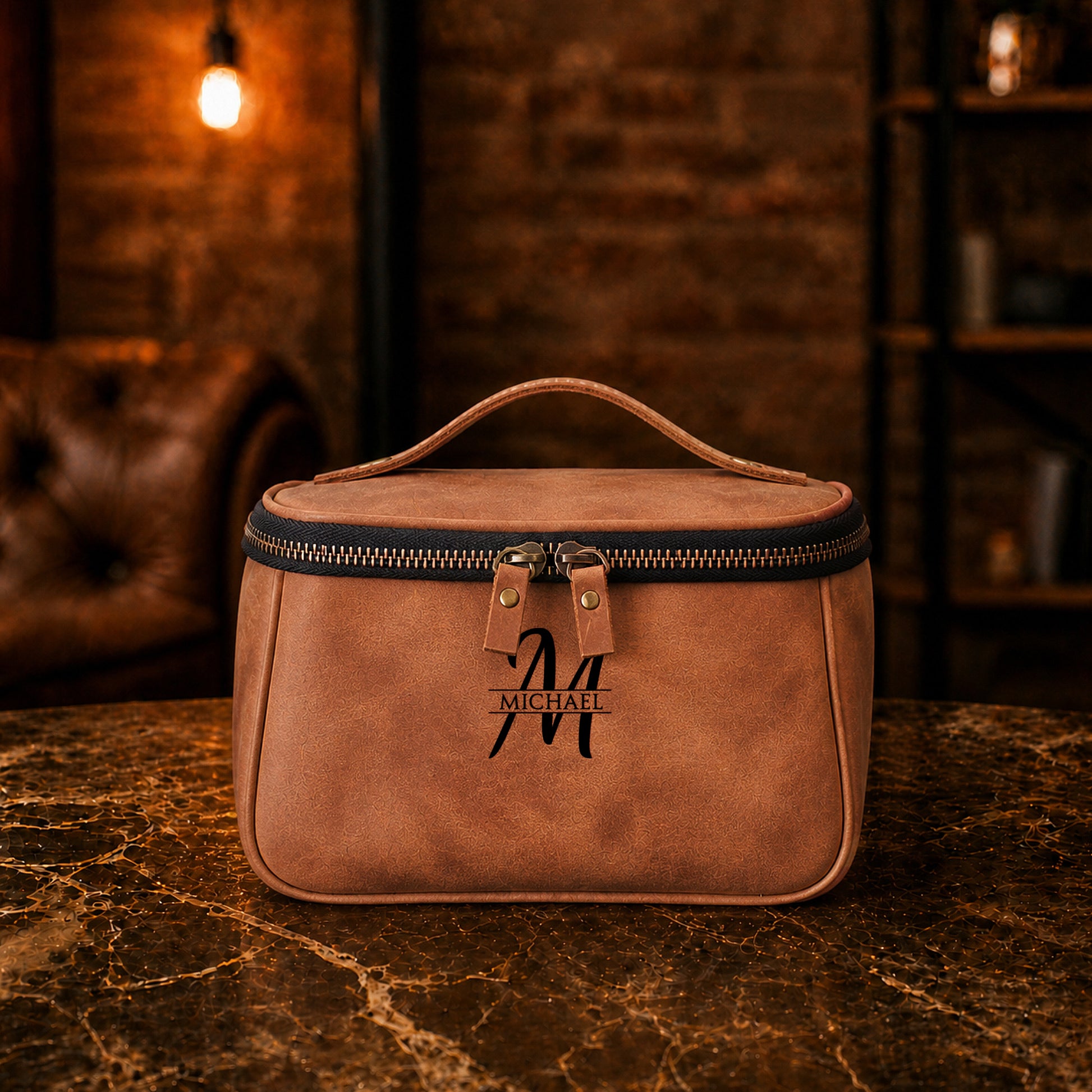 Natural leather toiletry bag with warm patina, artisan craftsmanship