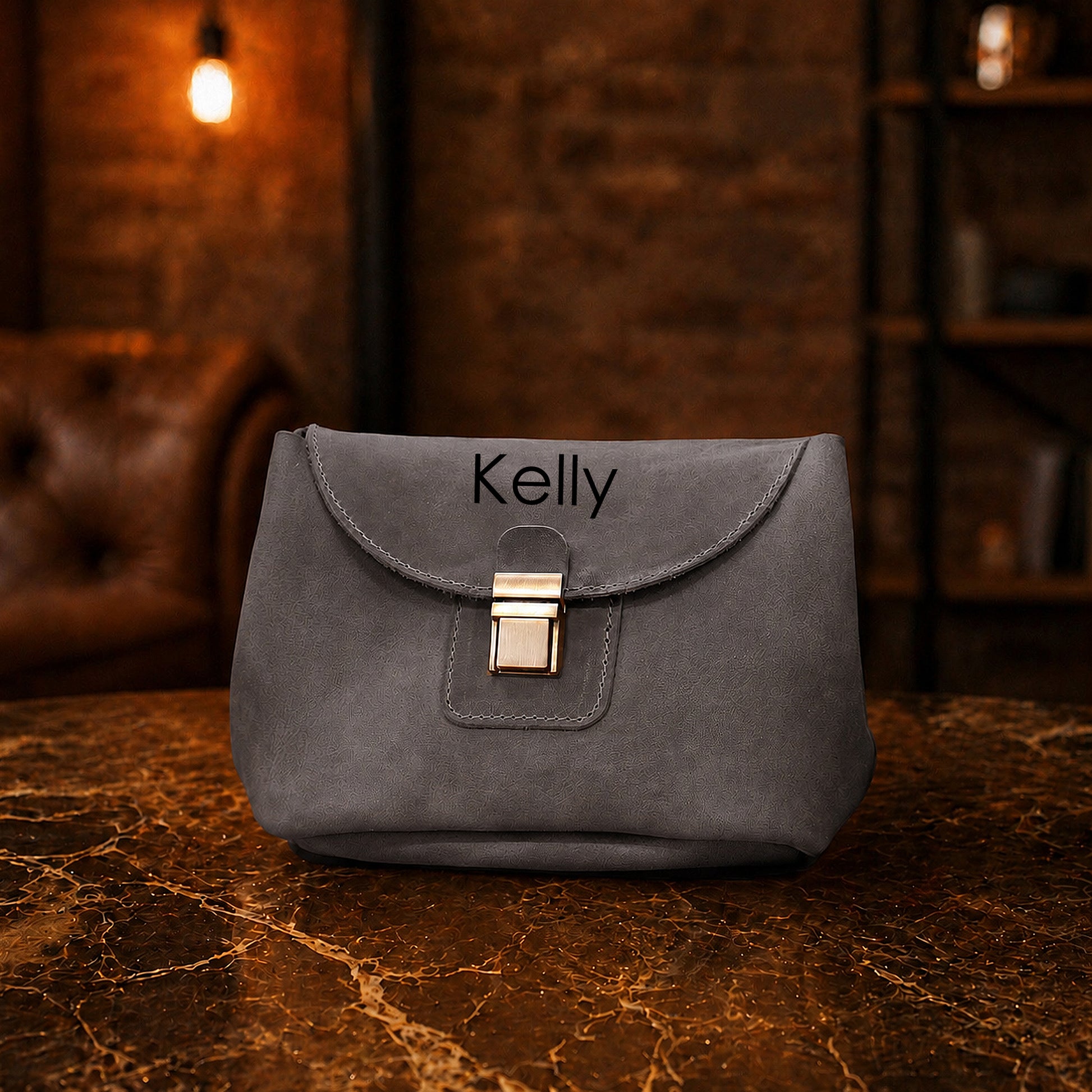 Close-up of leather vanity case clasp and hardware detail