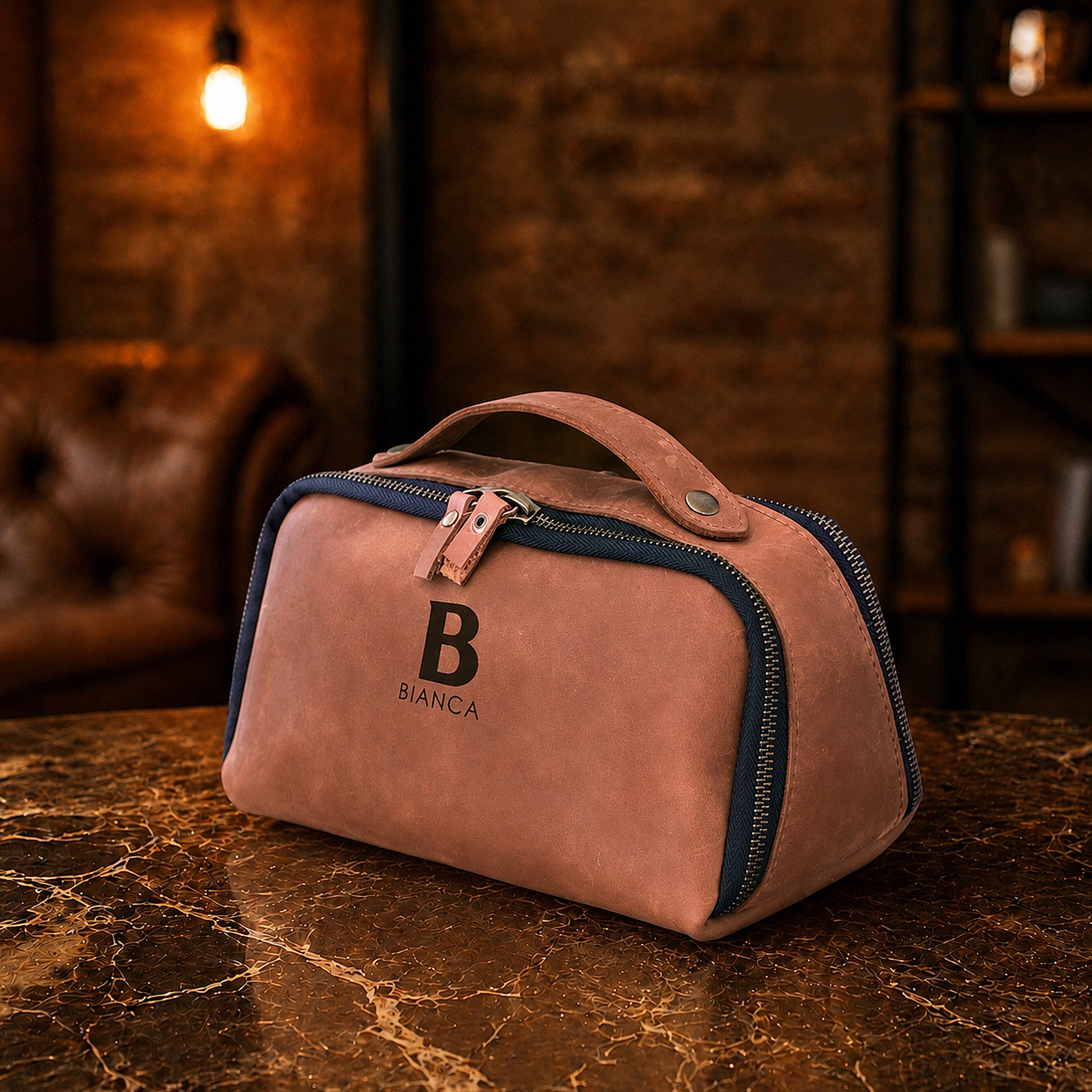 Personalized monogram engraving on handcrafted leather toiletry bag