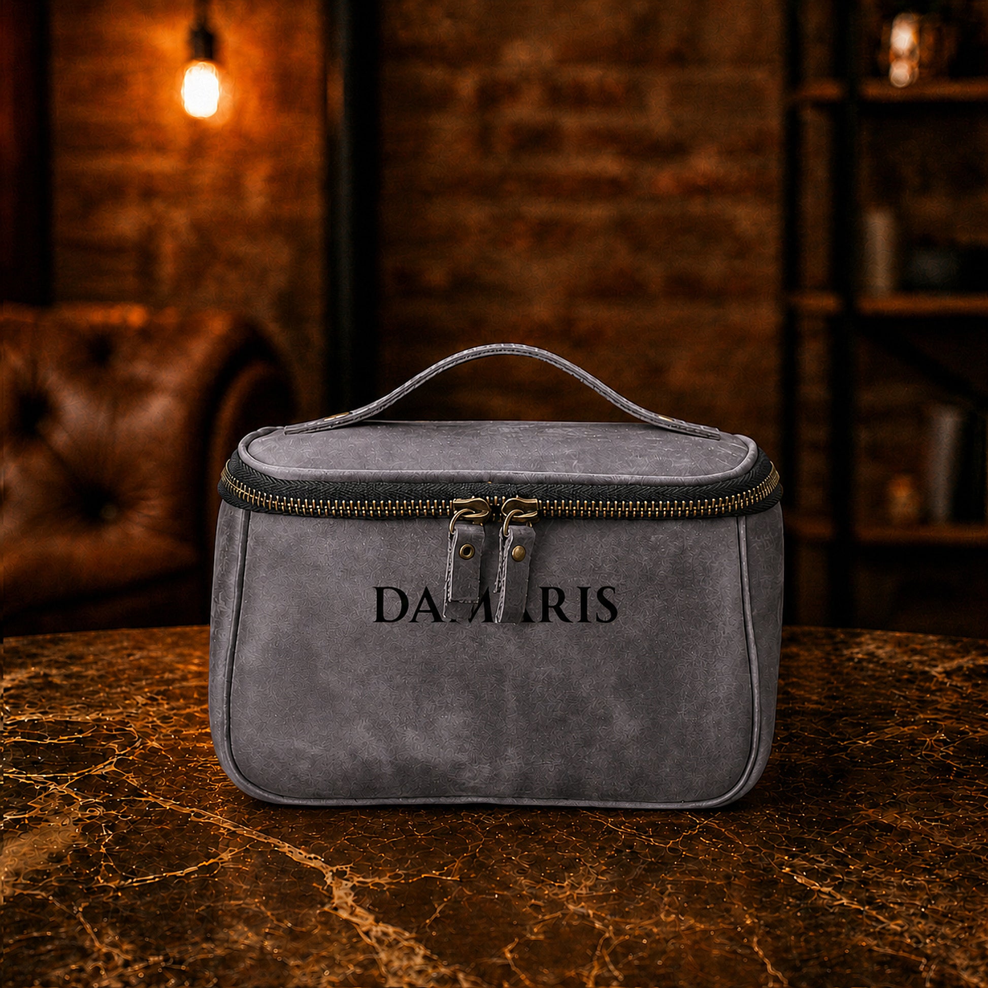 Personalized monogram engraving on handcrafted leather toiletry bag