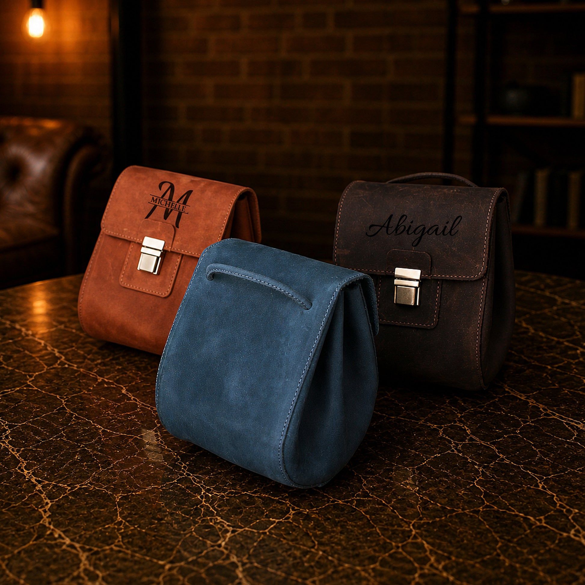 Personalized monogram engraving on handcrafted leather cosmetic bag