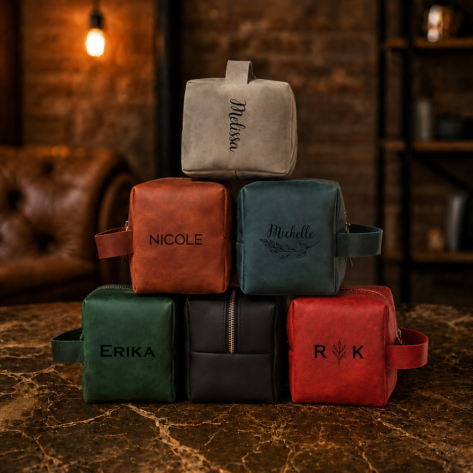 Interior of leather small dopp kit, organized compartments for toiletries