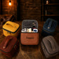 Leather toiletry bag zipper and closure detail, durable brass hardware