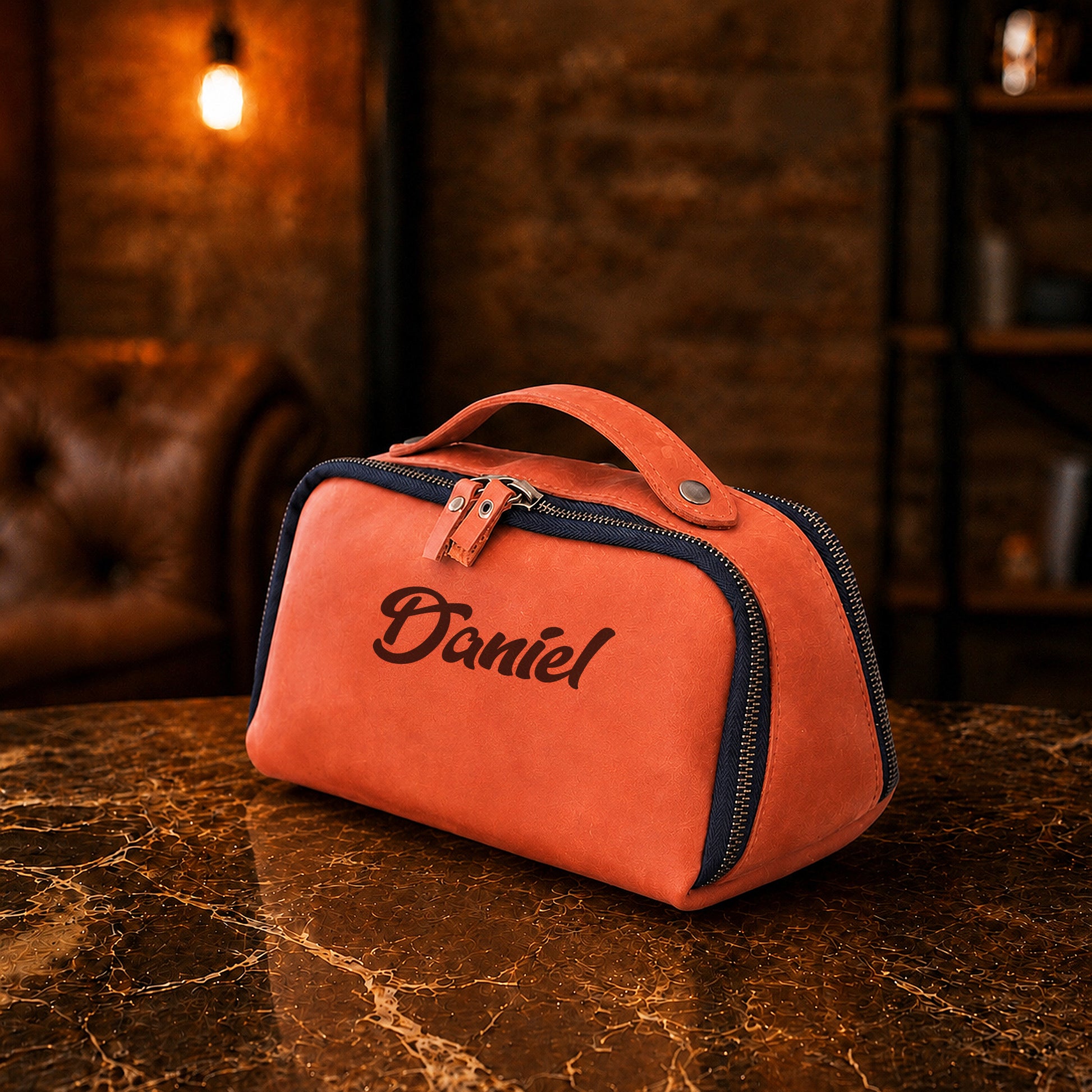 Interior of leather dopp kit, wide-opening compartment for toiletries