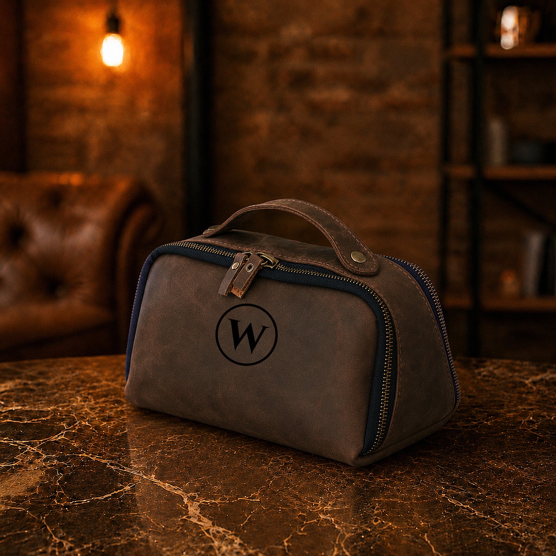 Leather dopp kit zipper and closure detail, durable brass hardware