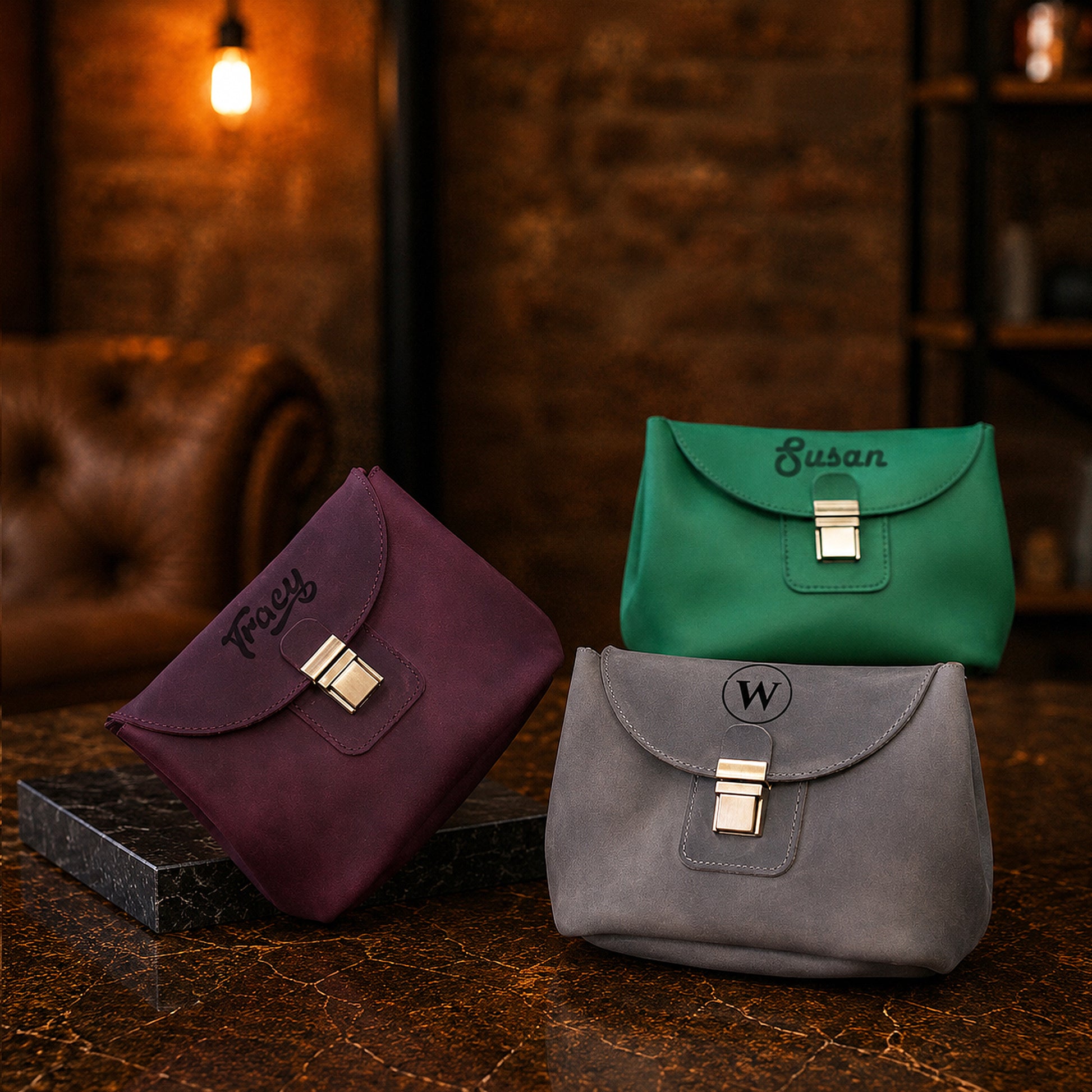 Leather cosmetic bag zipper and closure detail, durable brass hardware