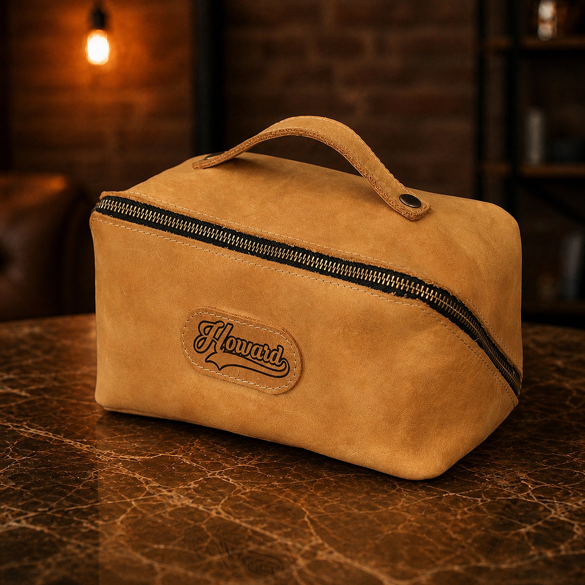 Handcrafted personalized leather cosmetic bag – Artisan Flat-Lay by RokosStudio