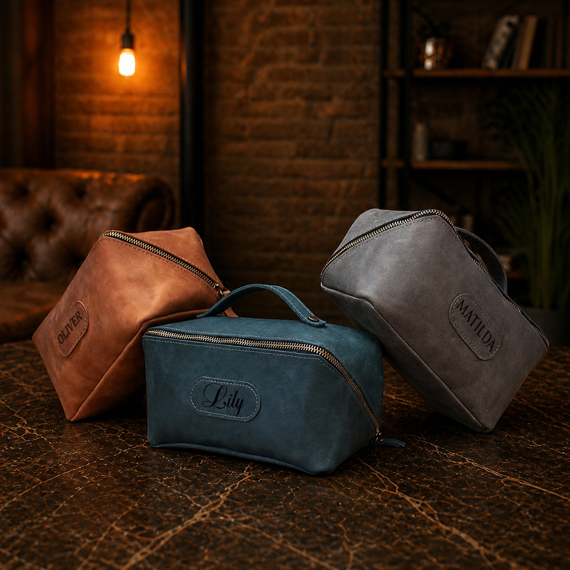 Leather cosmetic bag interior pockets detail, multi-compartment organizer