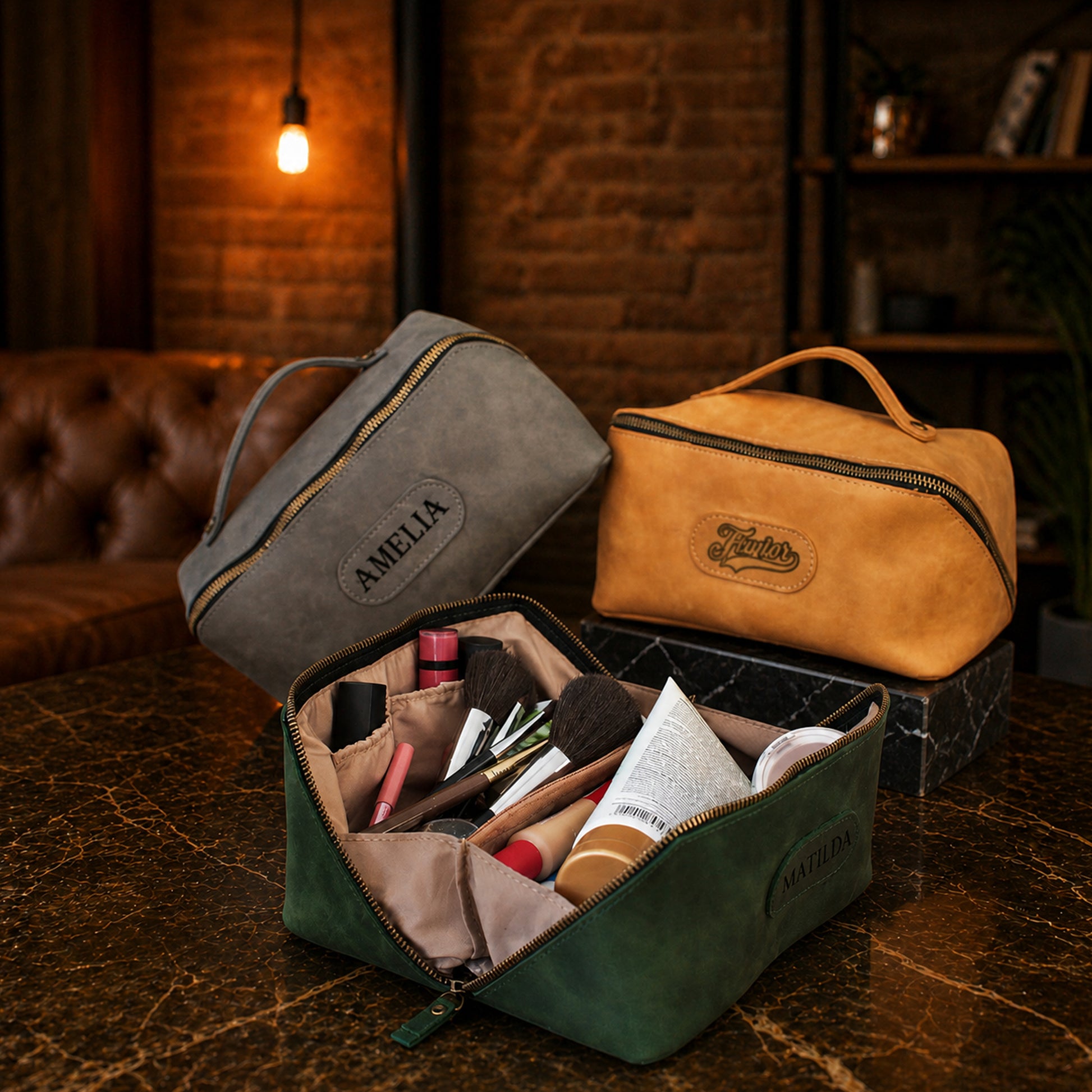 Leather cosmetic bag with custom monogram on textured surface