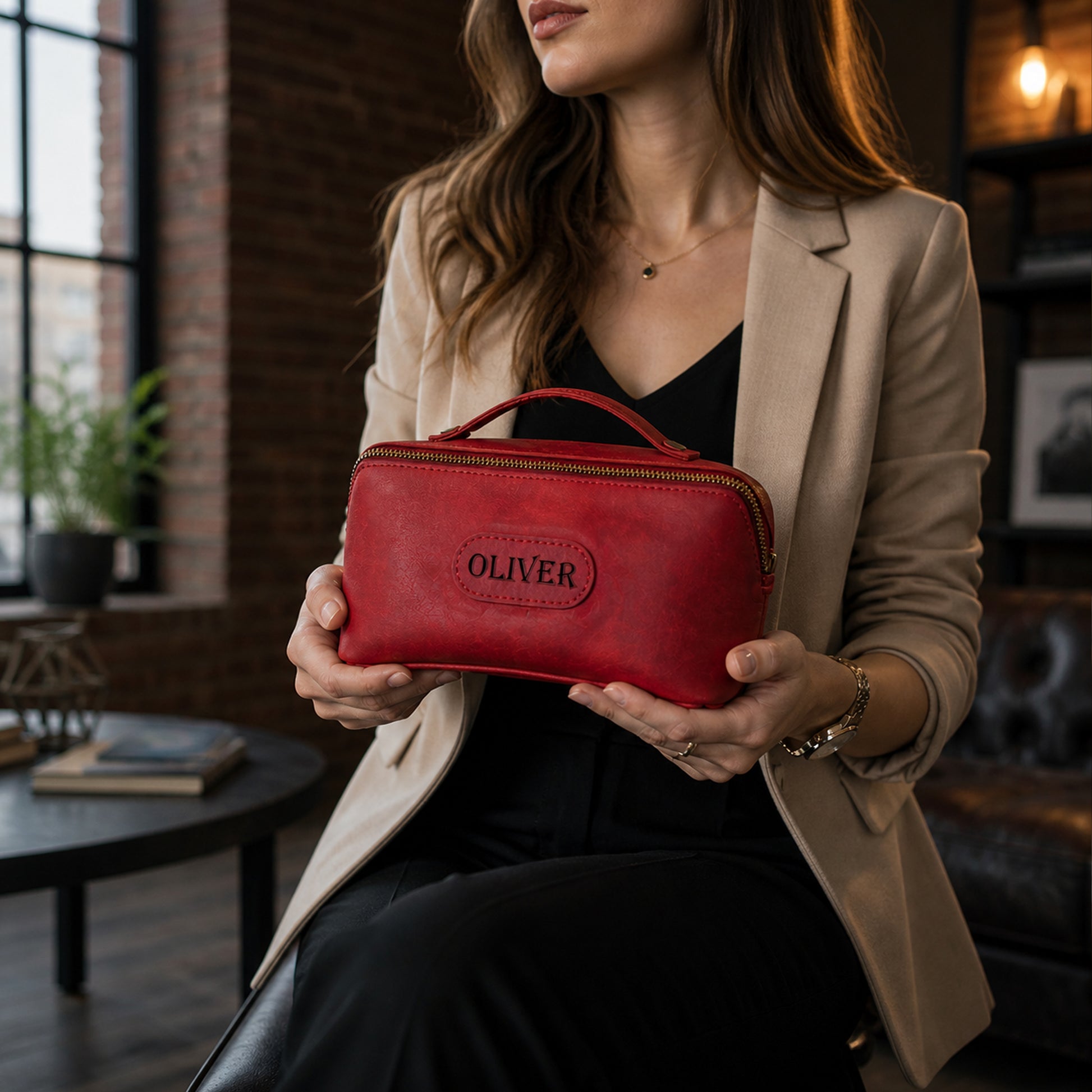 Leather vanity bag with custom name engraving, warm brown tone