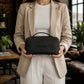 Handcrafted leather cosmetic organizer with monogram, side view