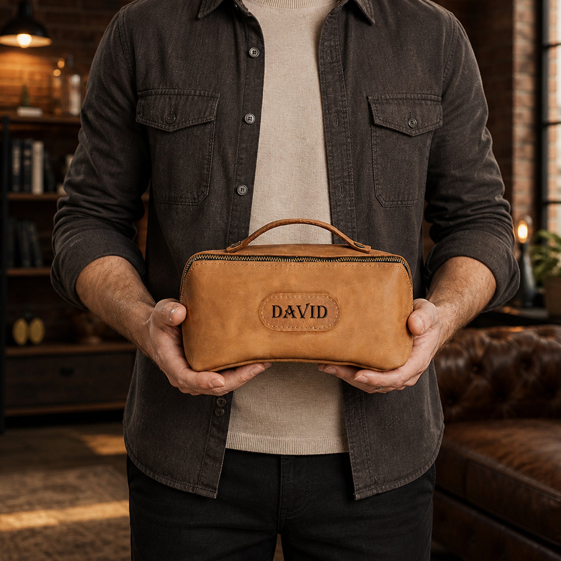 Handcrafted leather makeup organizer with name stamp, flat-lay view