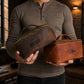 Leather makeup bag with personalized stamp, artisan craftsmanship