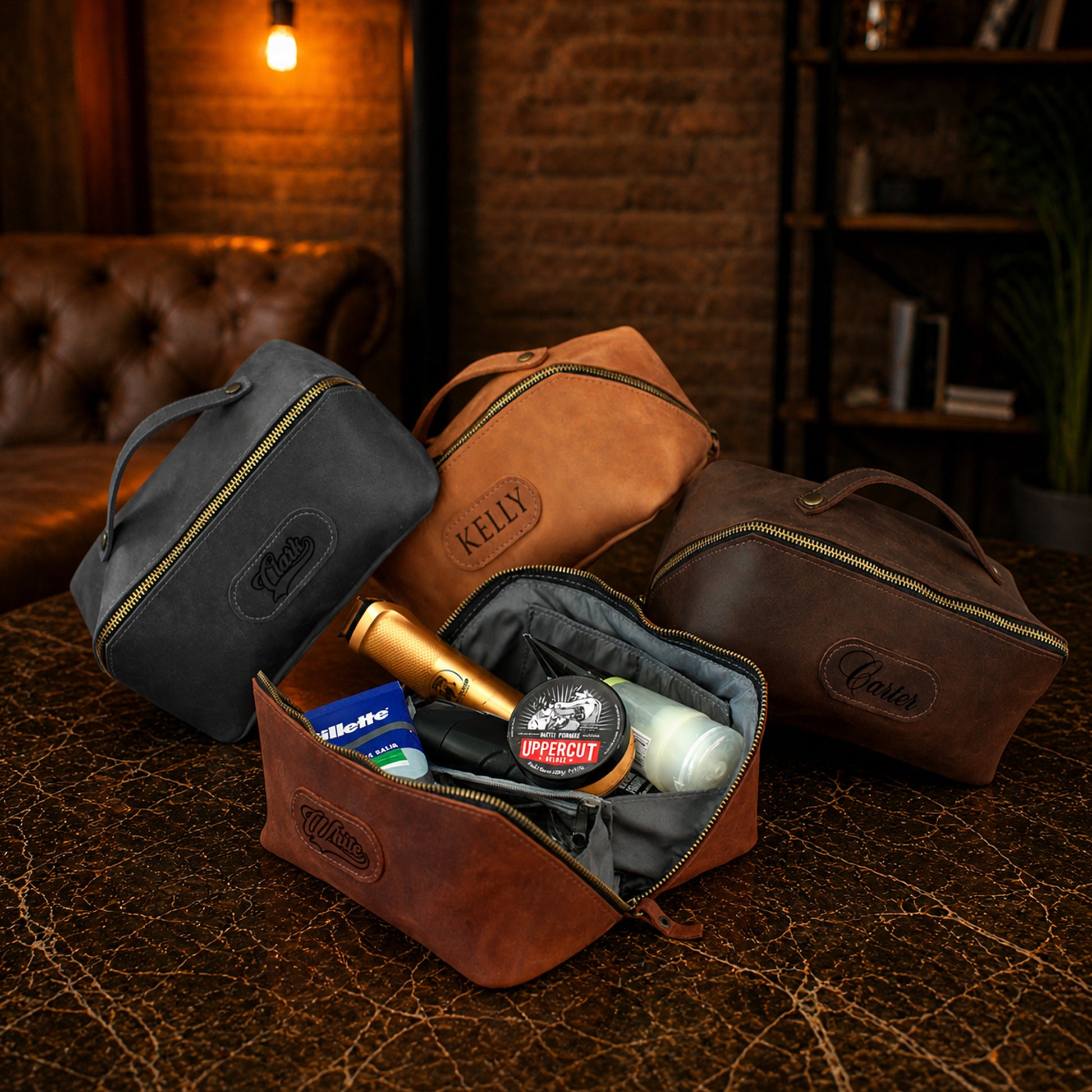 Leather cosmetic bag collection with personalized engravings