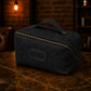 Brown leather cosmetic bag with custom monogram engraving, front view