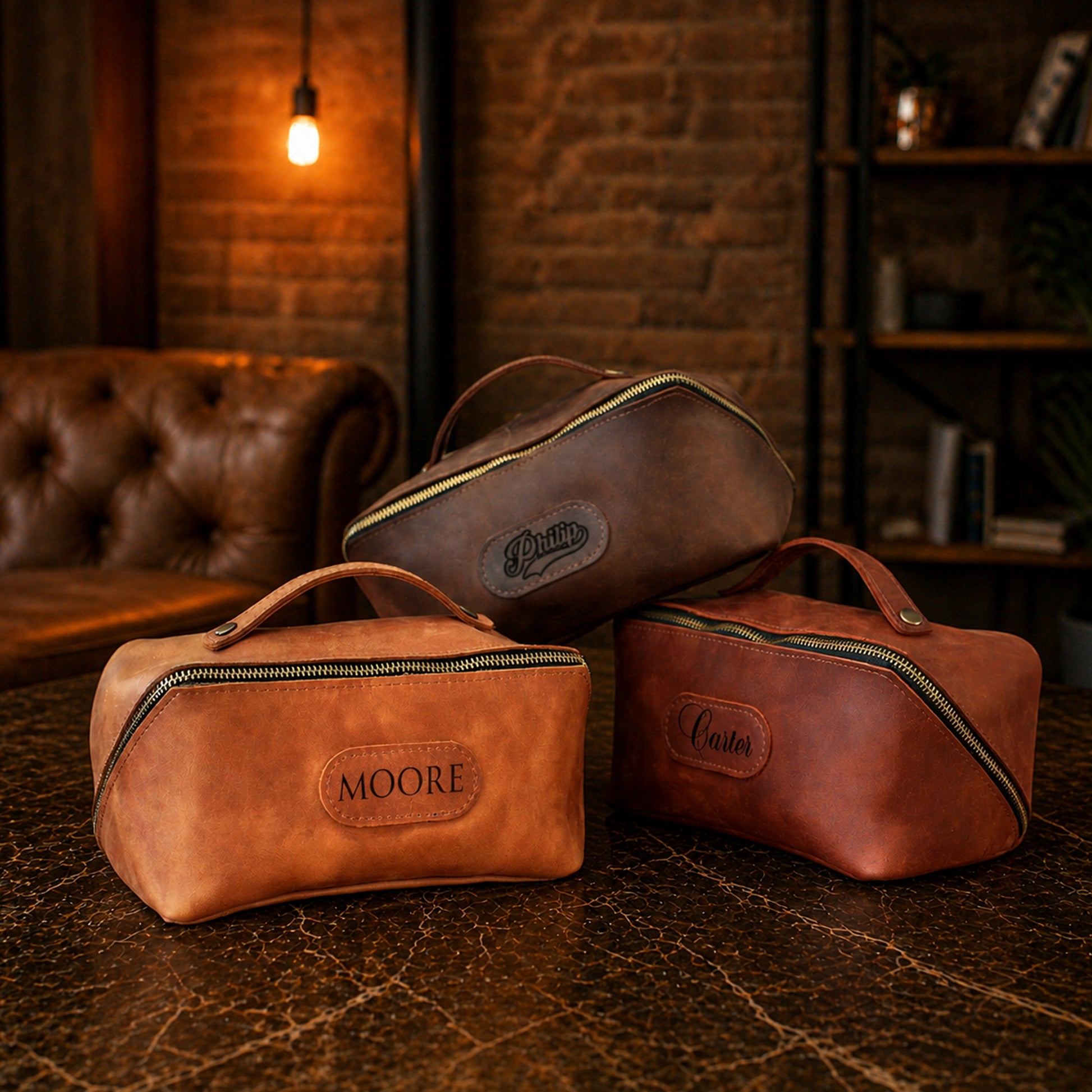 Leather vanity organizer open, showing multiple pockets and compartments