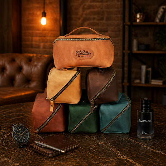 Personalized leather cosmetic bag open flat-lay, multi-pocket organizer