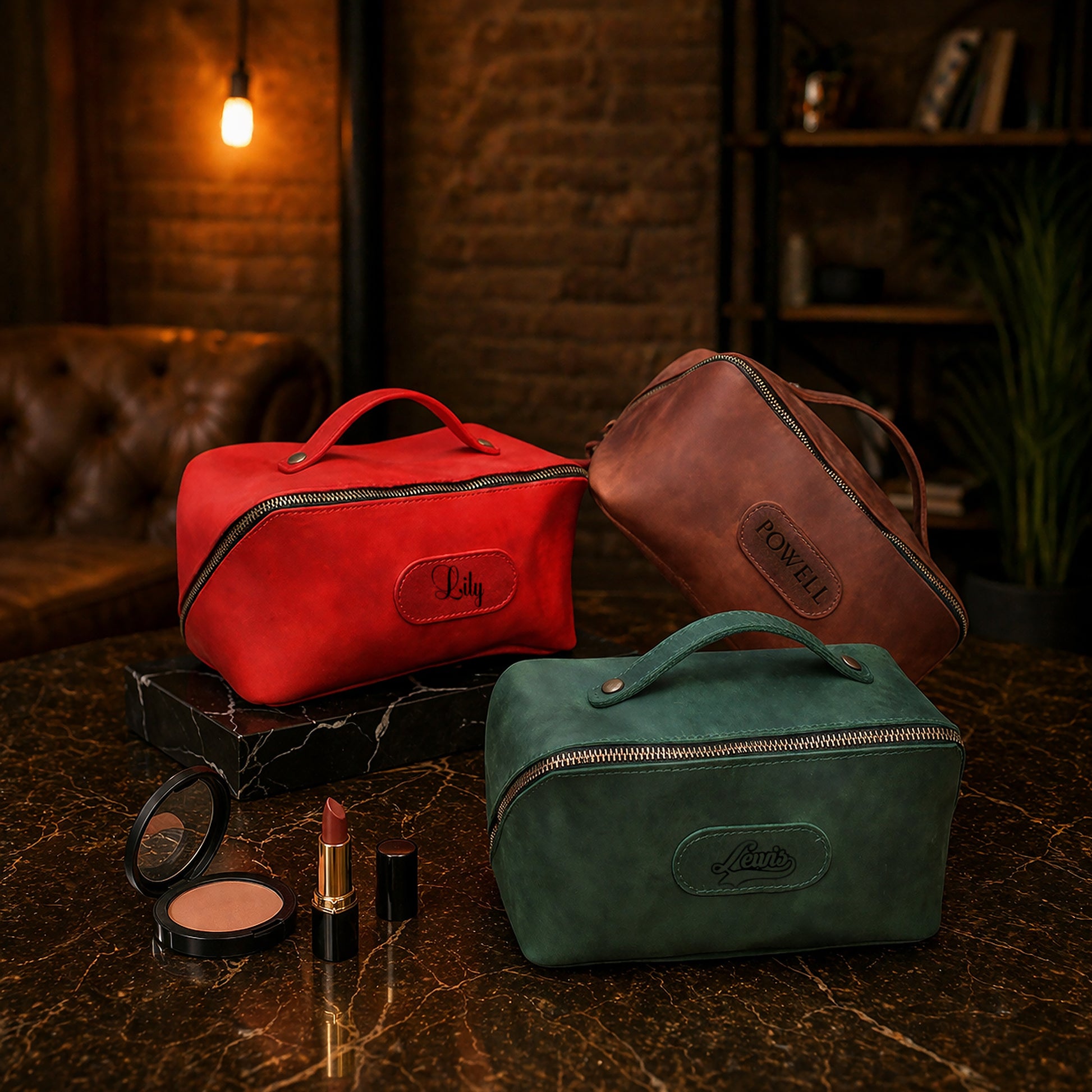 Leather makeup bag gift box with custom engraving, premium unboxing
