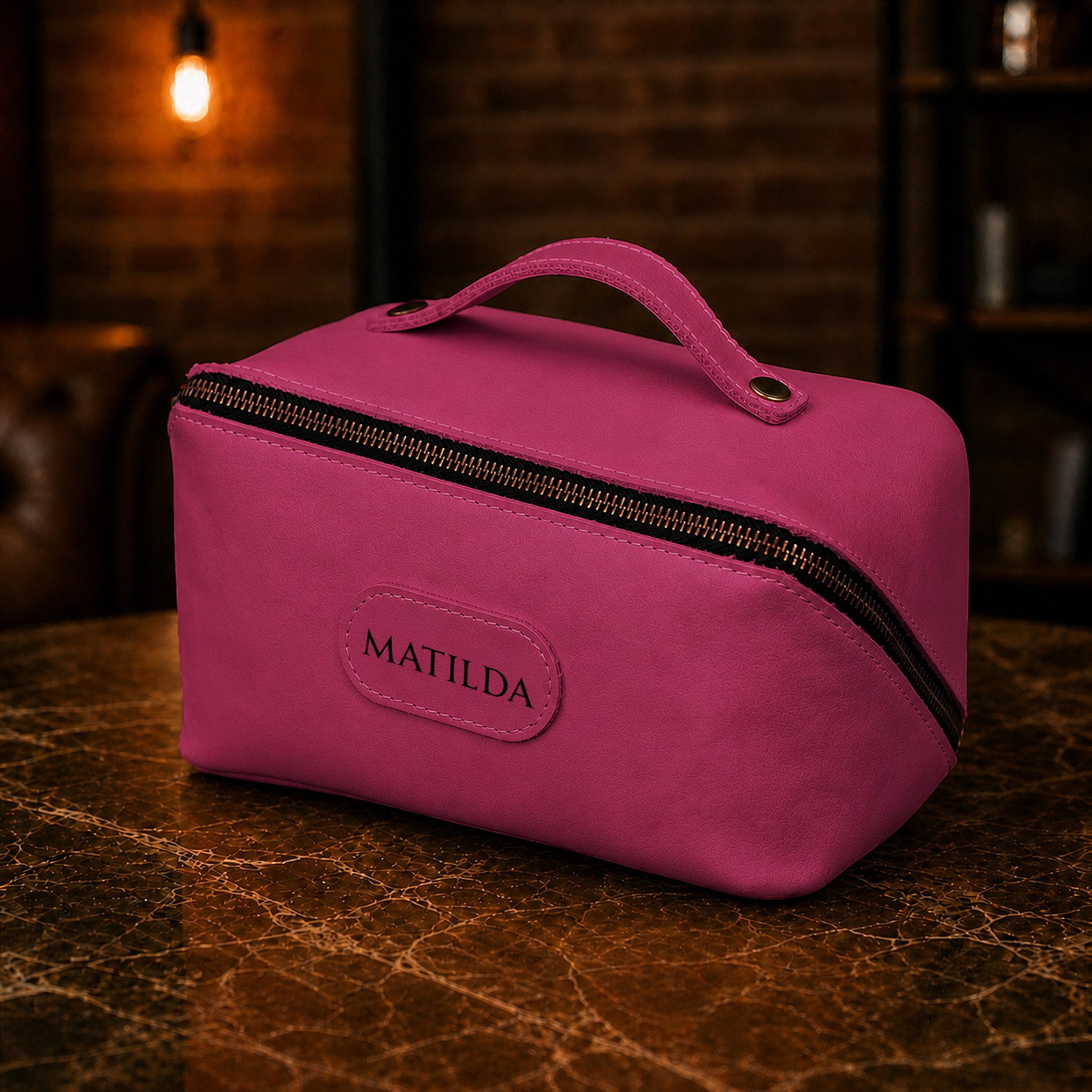 Leather cosmetic bag zipper detail, smooth glide closure
