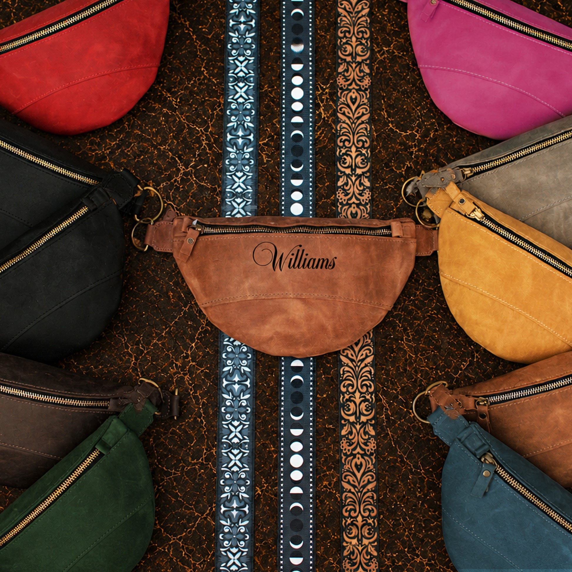 Leather fanny pack color options – brown and tan, handcrafted