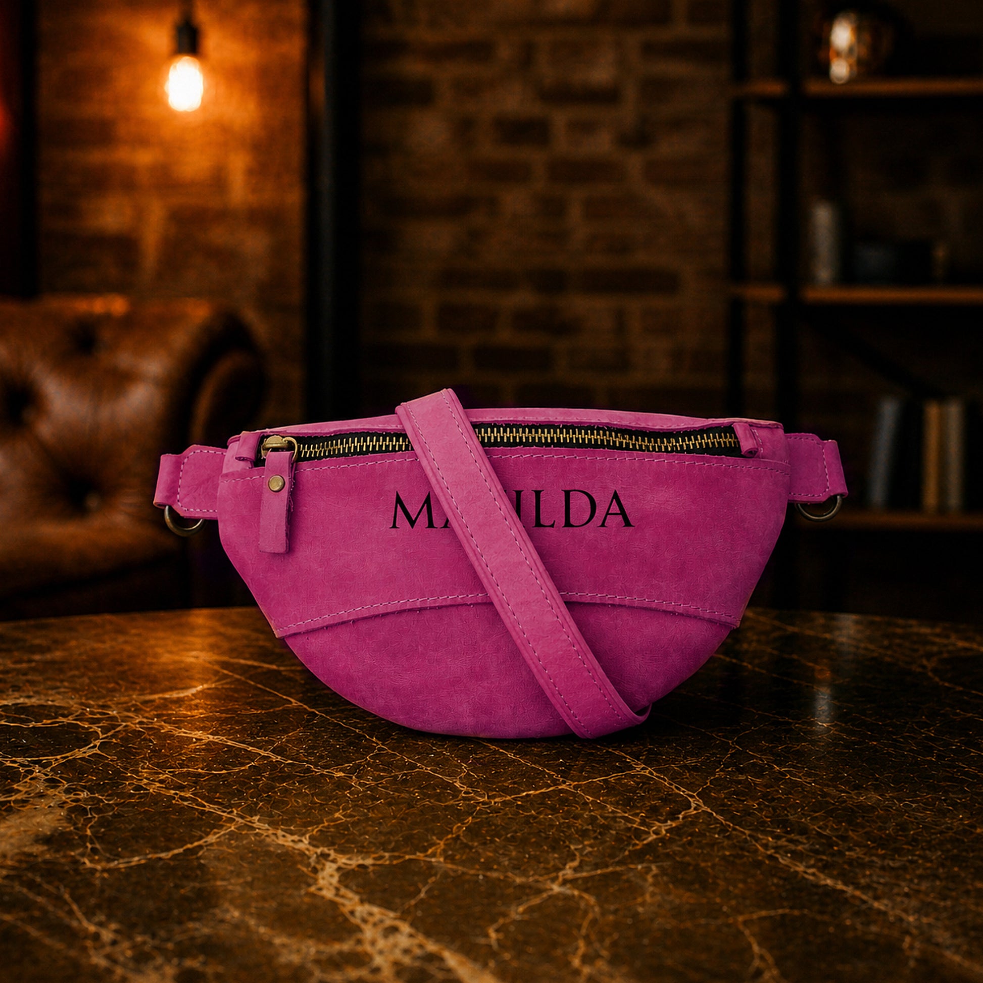 The Urban Explorer personalized leather fanny pack, side profile view