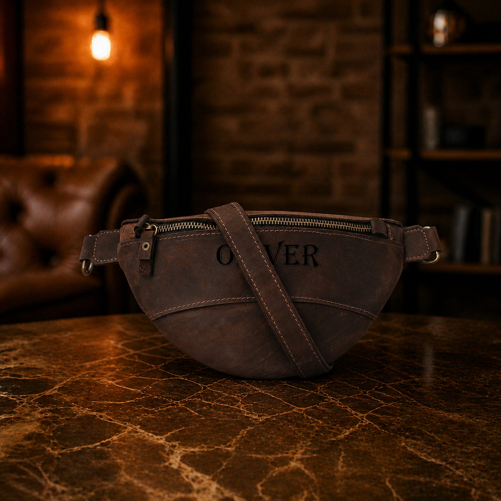 Premium leather fanny pack with name stamp, warm earthy tone