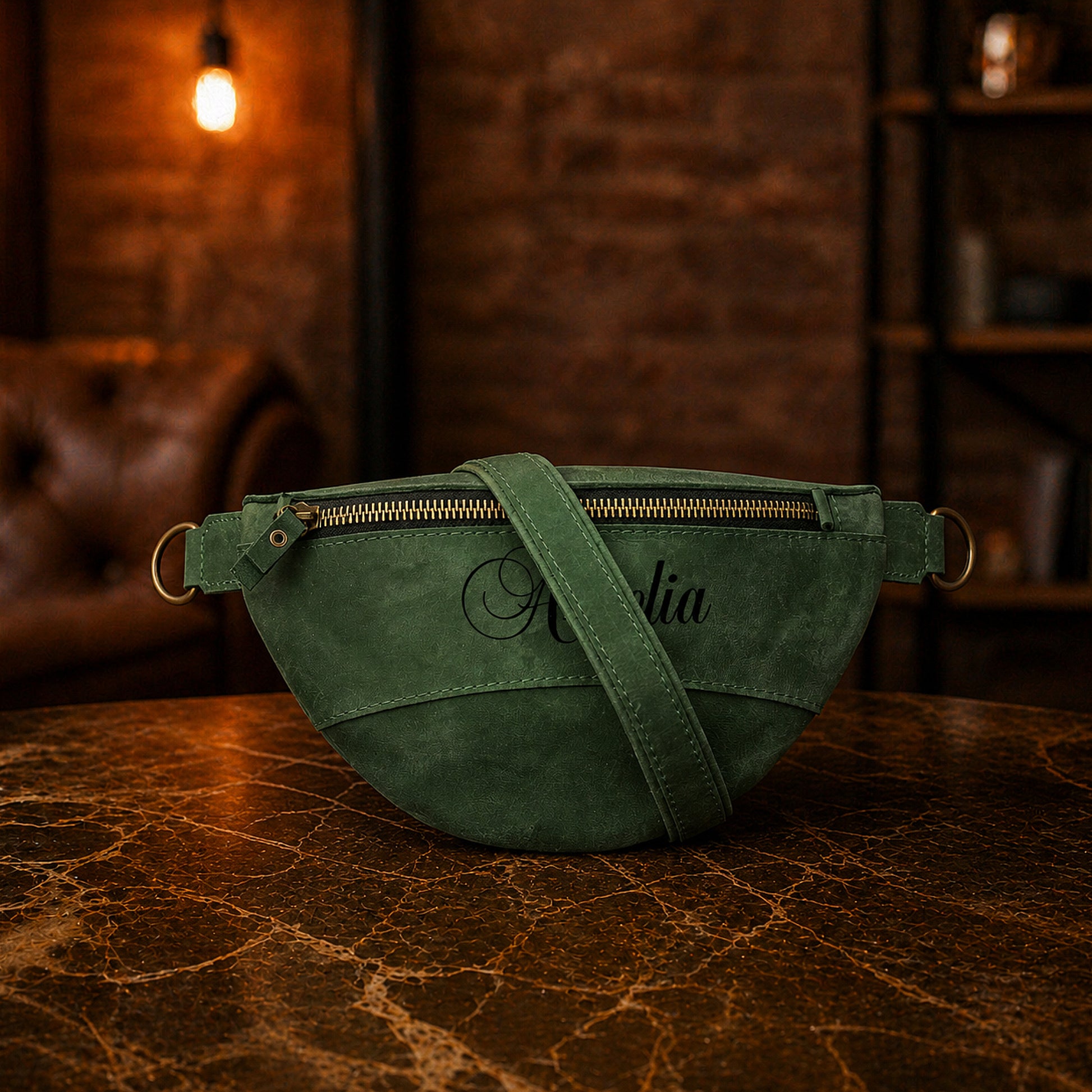 Interior compartment of leather fanny pack, organized pockets detail