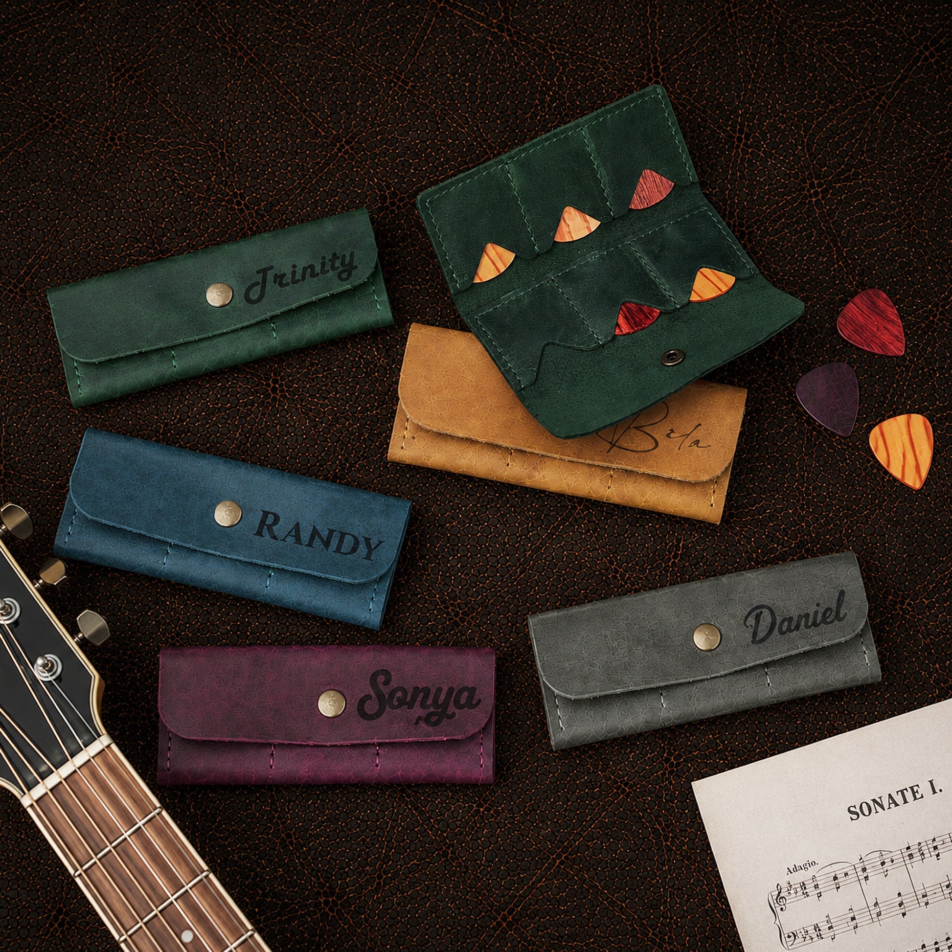 Leather guitar pick holder color options – brown and tan, handcrafted