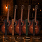 Five acoustic guitars with different colored straps displayed against a warm-toned background.
