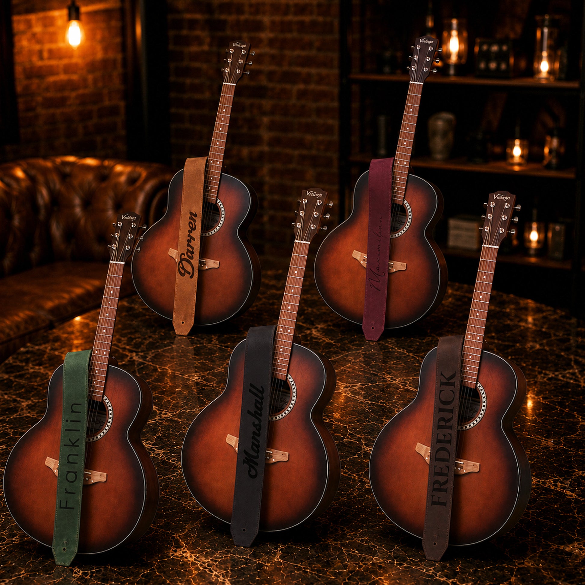 Six acoustic guitars with branded names on a dark surface, possibly in a bar setting.