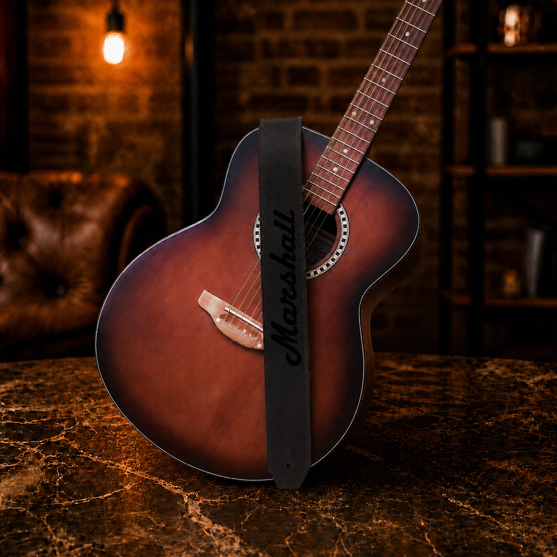 Minimalist leather guitar strap with wide comfort belt, handcrafted design