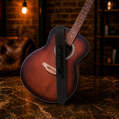 Minimalist leather guitar strap with wide comfort belt, handcrafted design