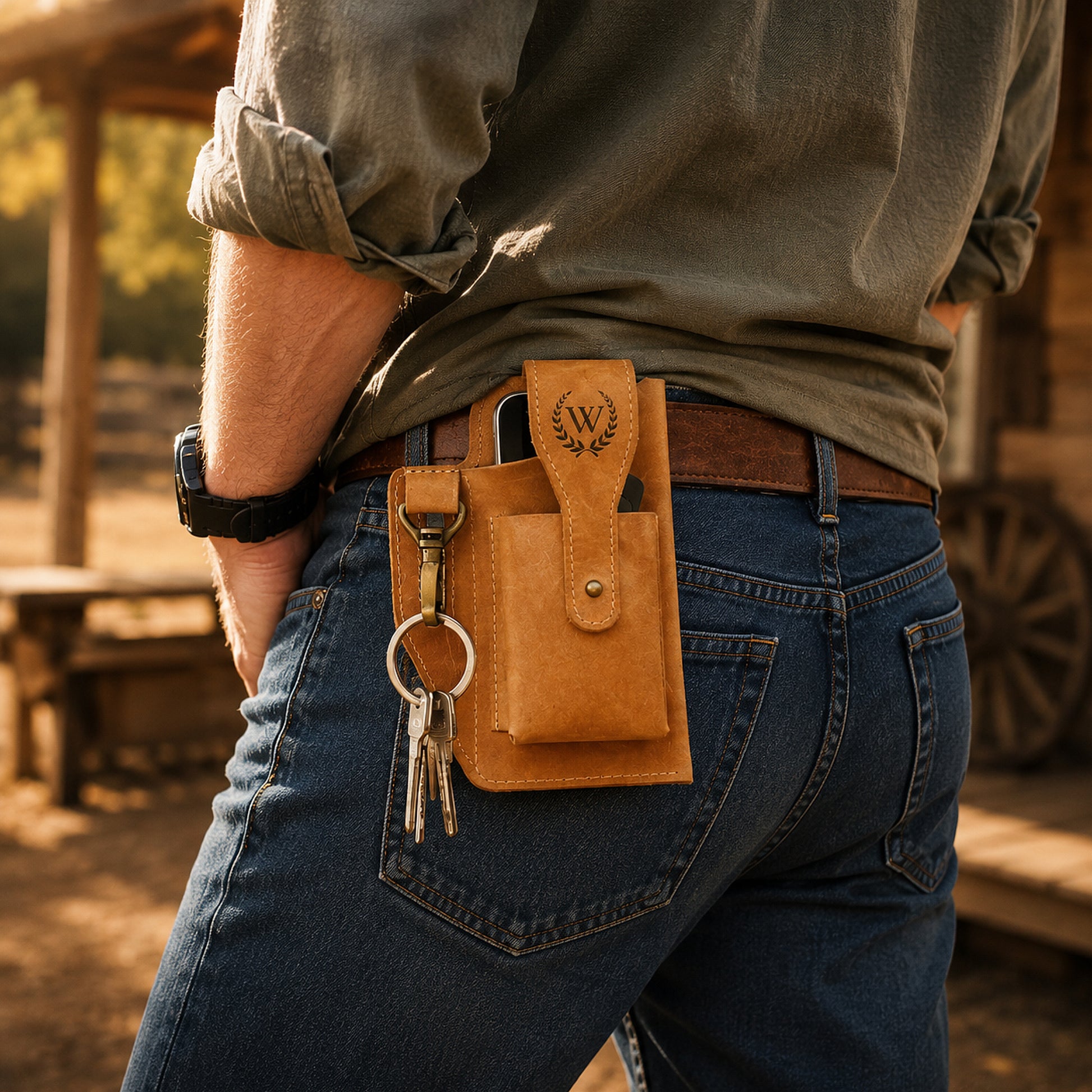 Person wearing a brown leather pouch with keys on a wooden background