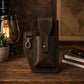 Person wearing personalized leather belt organizer, lifestyle editorial photo