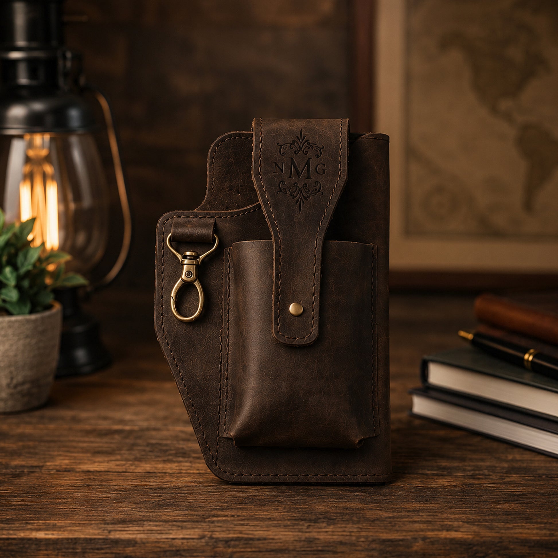Person wearing personalized leather belt organizer, lifestyle editorial photo