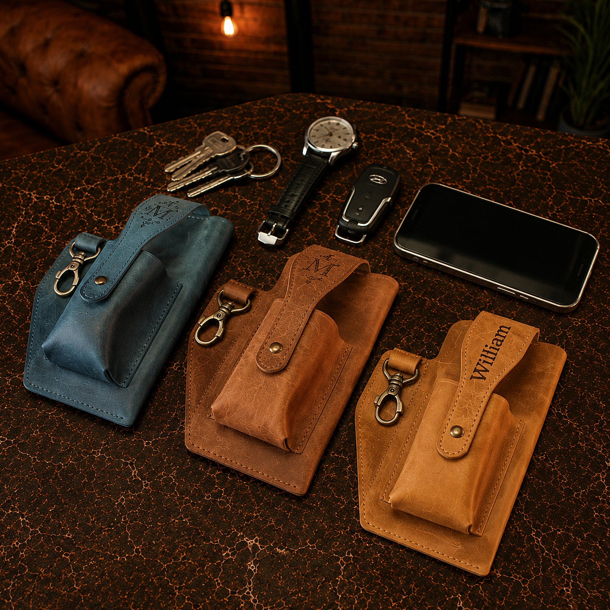 The Sentinel leather utility pouch in use outdoors, warm earthy tones