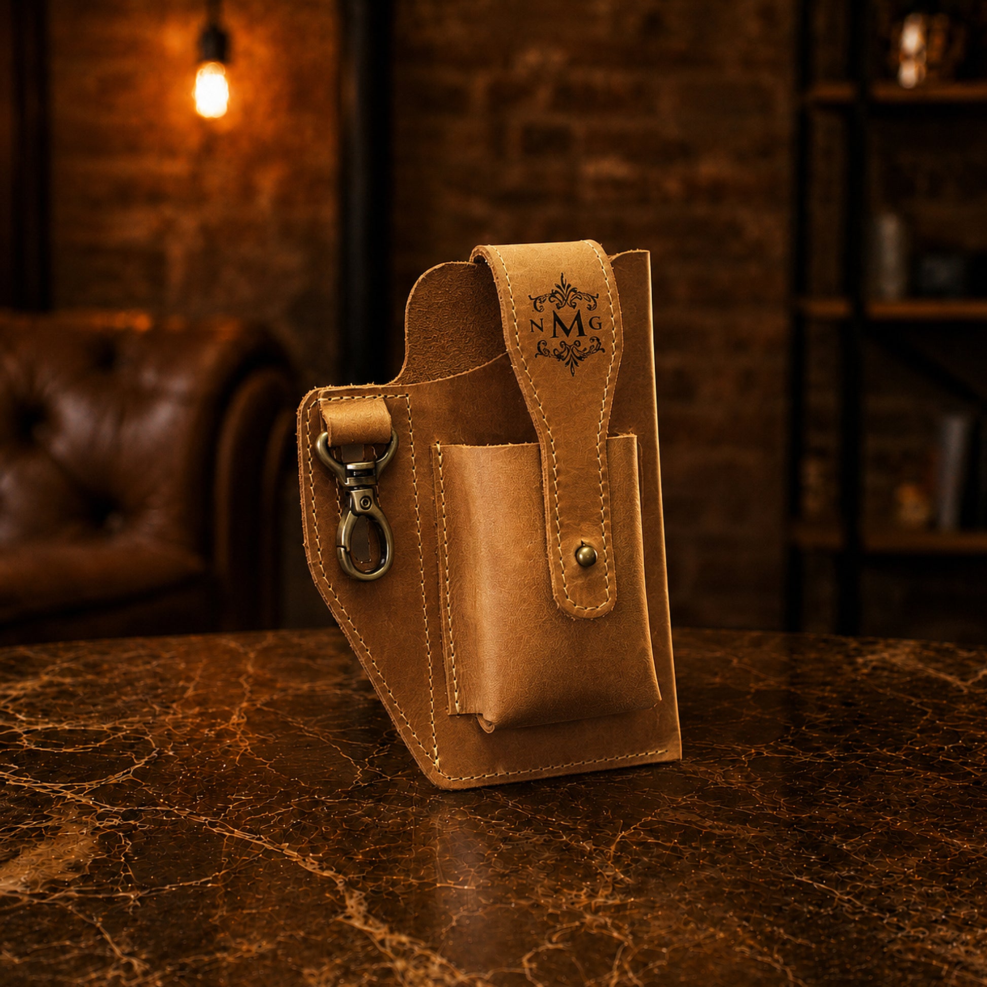 The Sentinel personalized leather utility pouch, side profile view