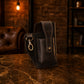 Close-up of leather utility pouch carabiner and hardware detail
