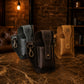 Personalized monogram engraving on handcrafted leather belt organizer