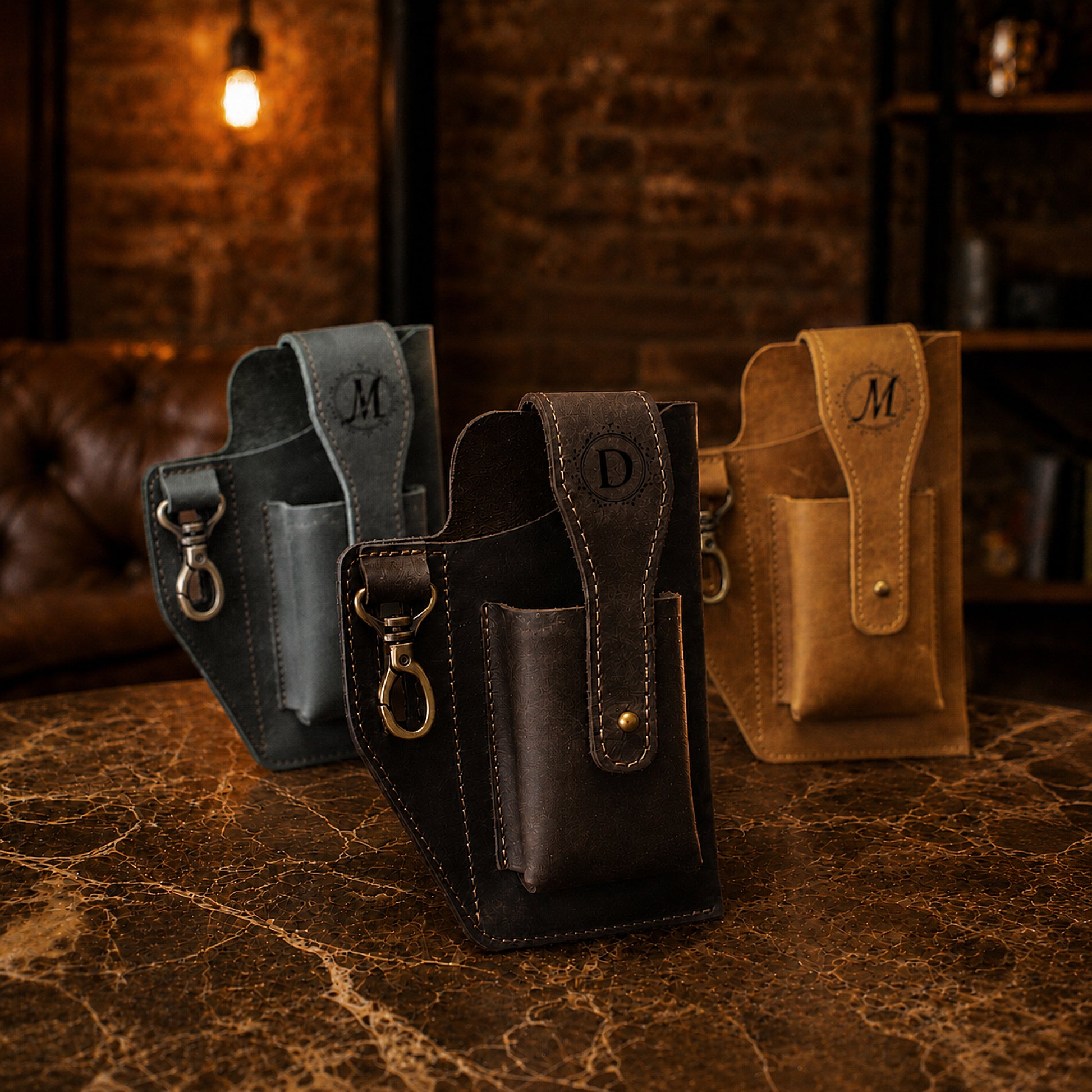 Personalized monogram engraving on handcrafted leather belt organizer