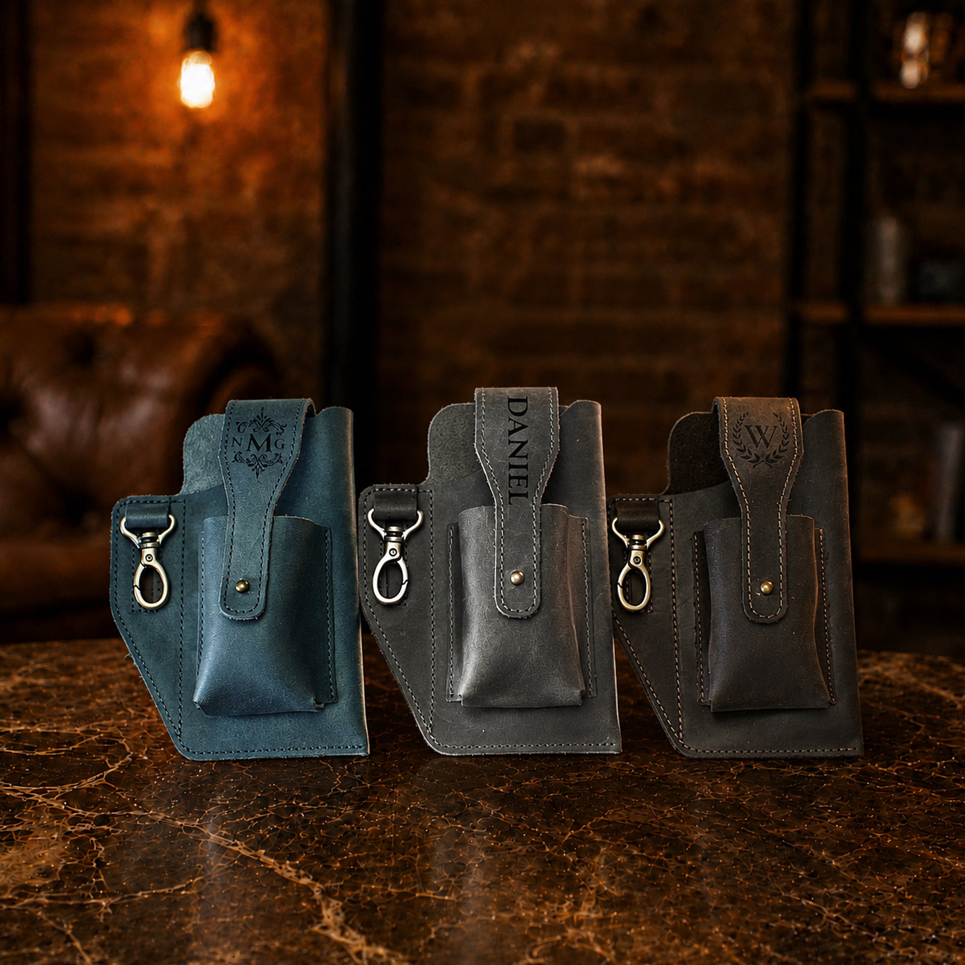Interior of leather utility pouch, organized compartments for everyday carry