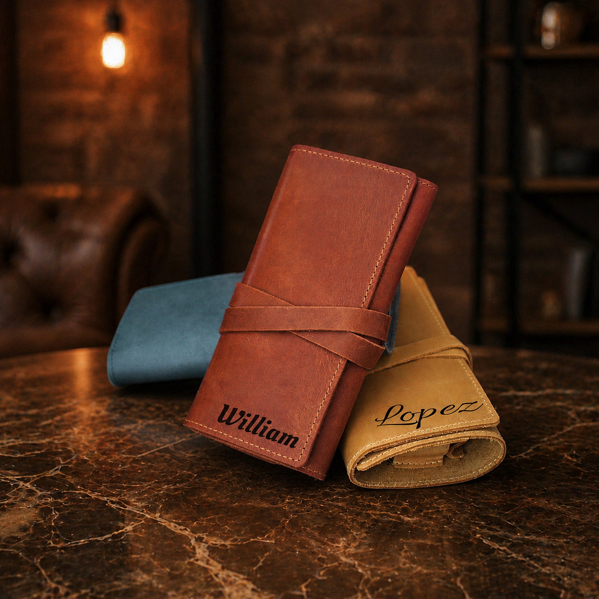 Natural leather cable organizer with warm patina, artisan craftsmanship