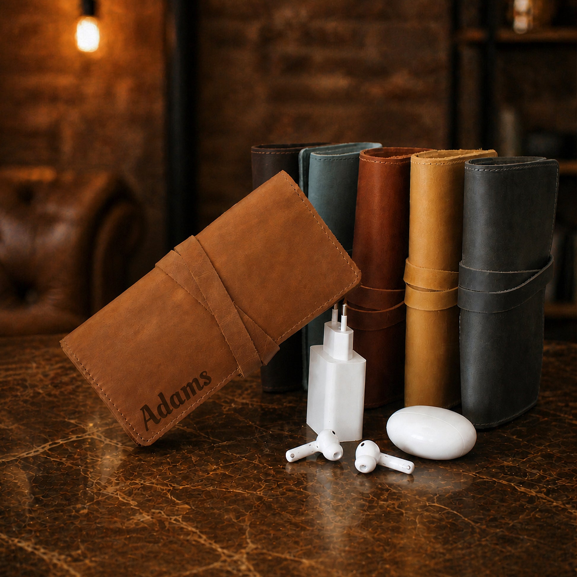 Leather cord pouch with custom monogram, compact travel accessory