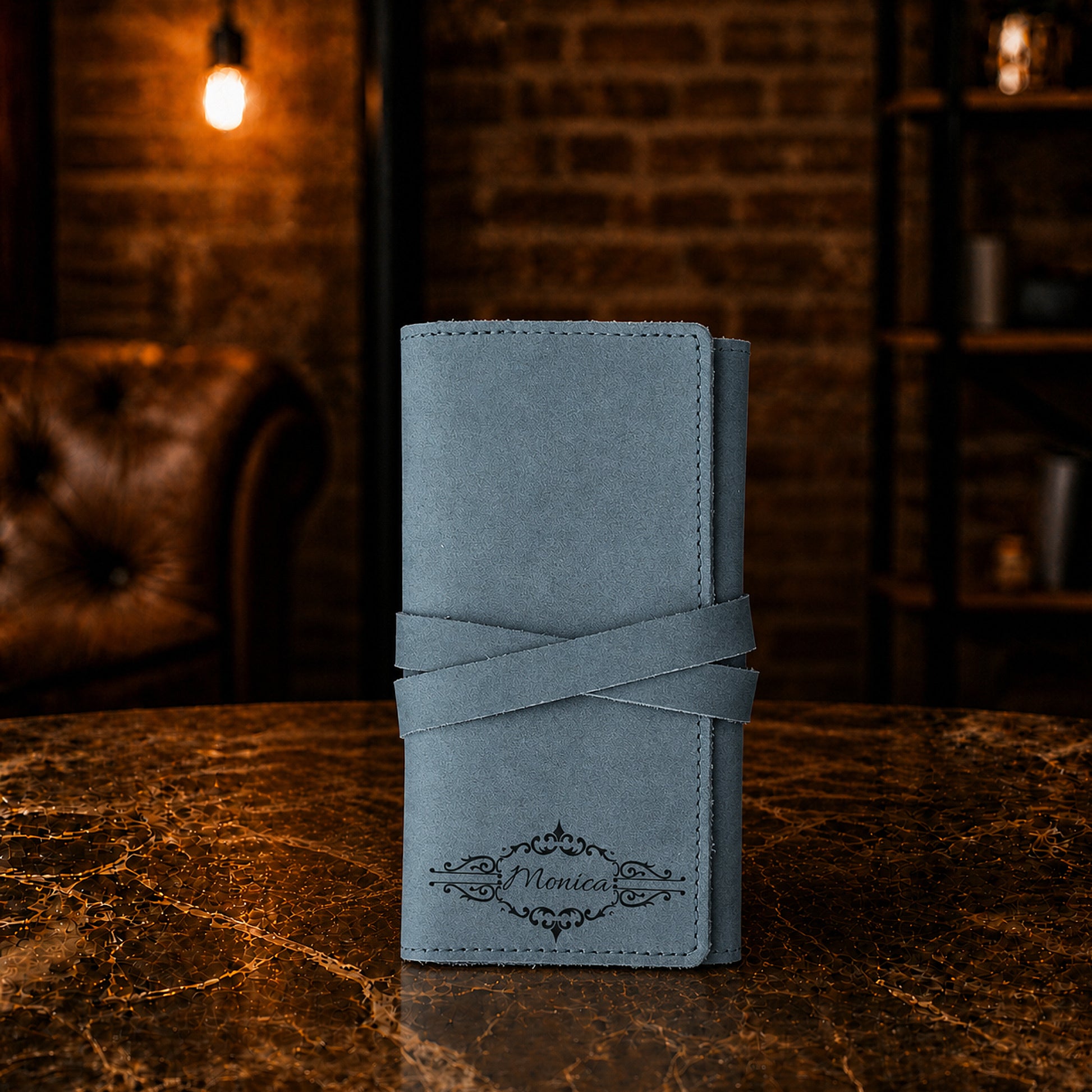 Leather cable organizer in use, lifestyle travel photo