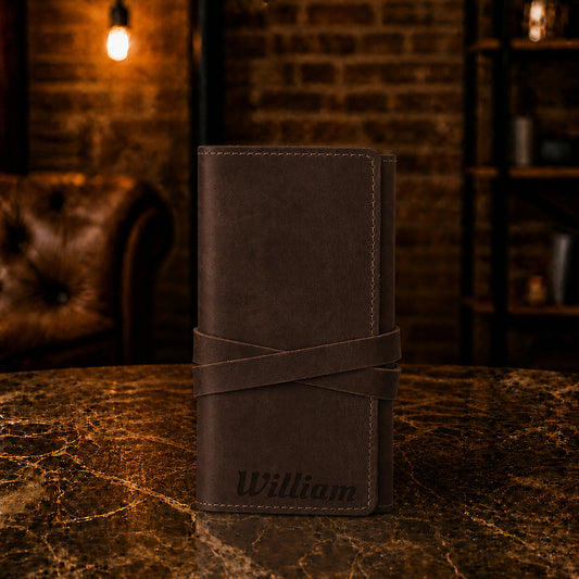 Leather cable organizer with personalized engravings, collection flat lay