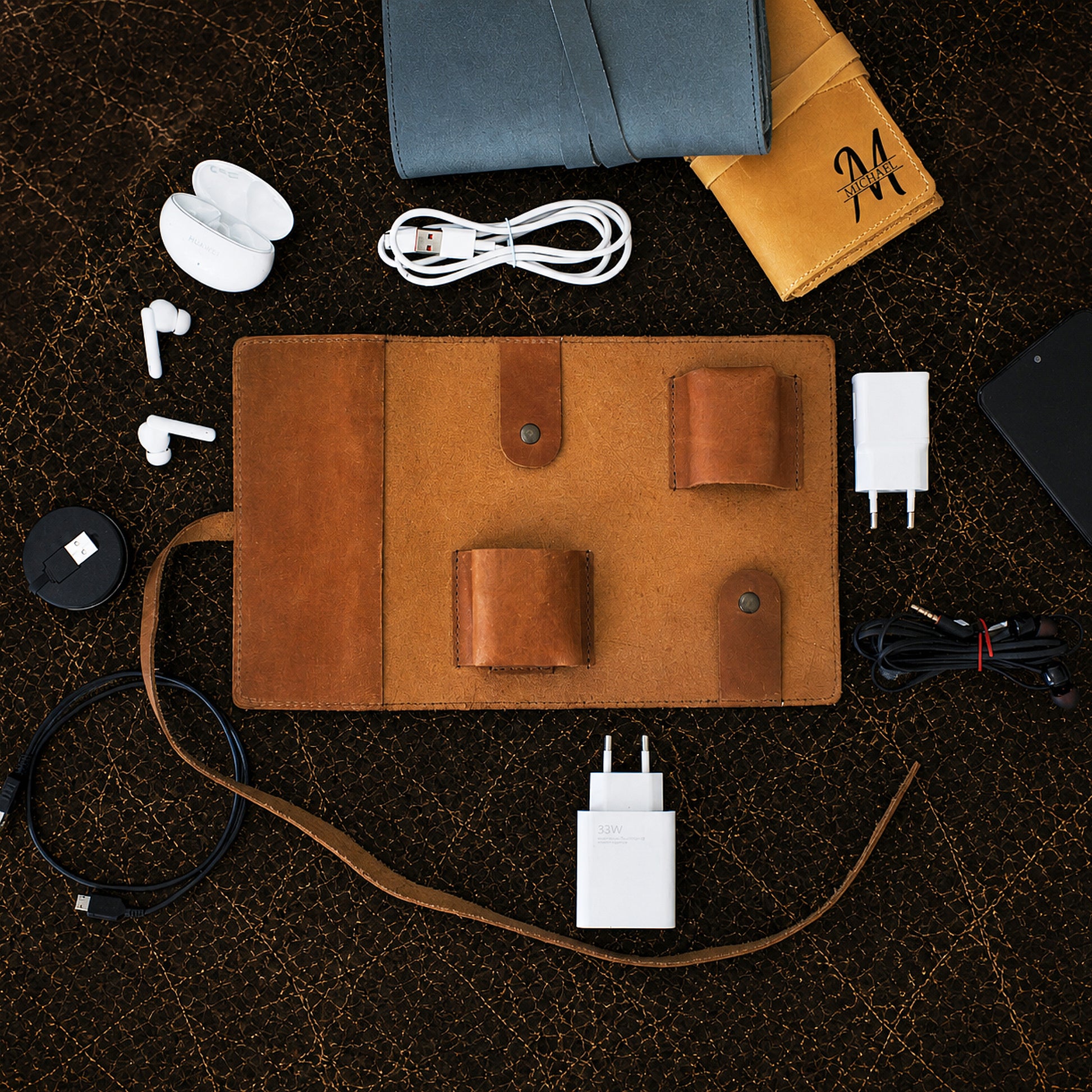 The Tech Wrap personalized leather organizer, side profile view