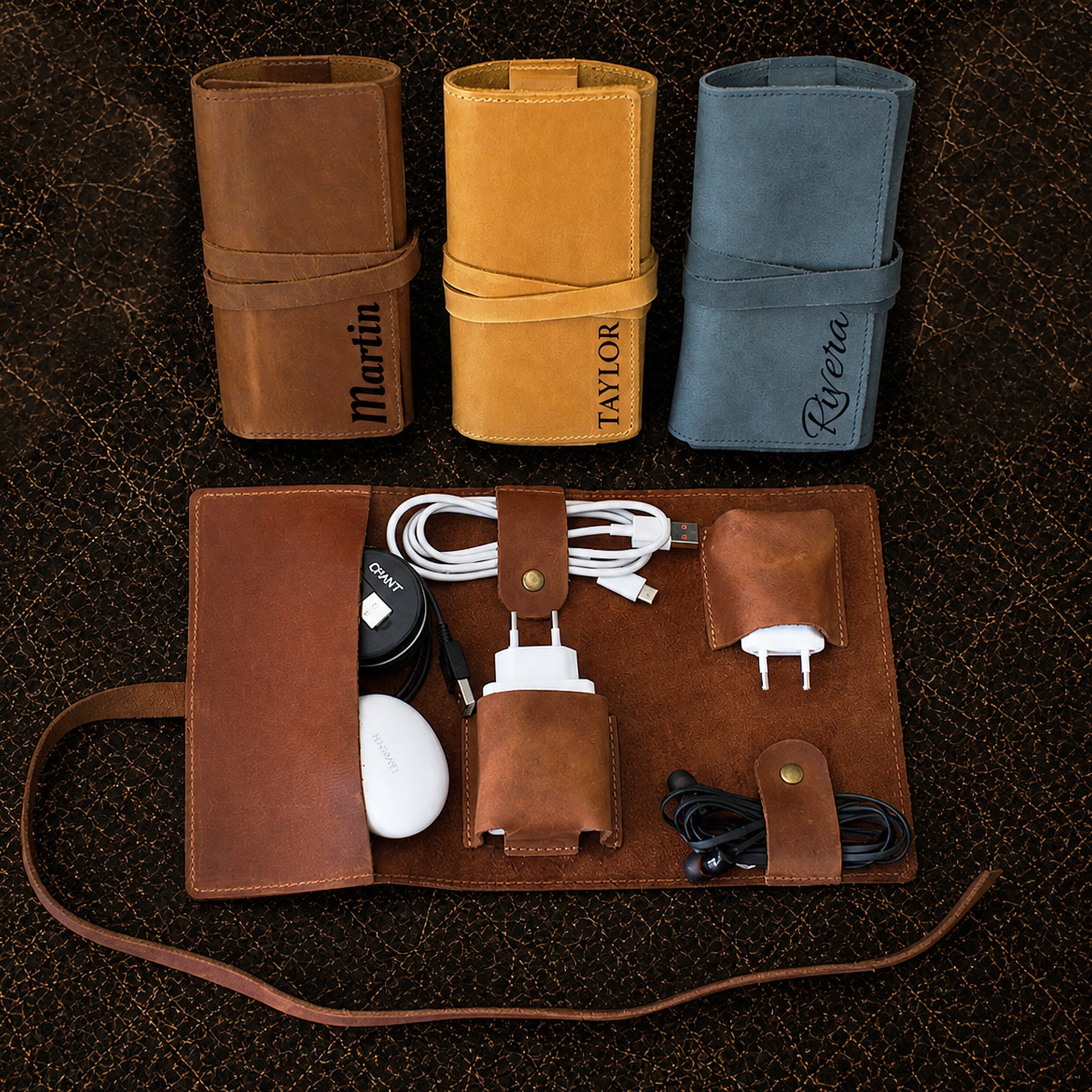Premium leather cable organizer with name stamp, warm earthy tone