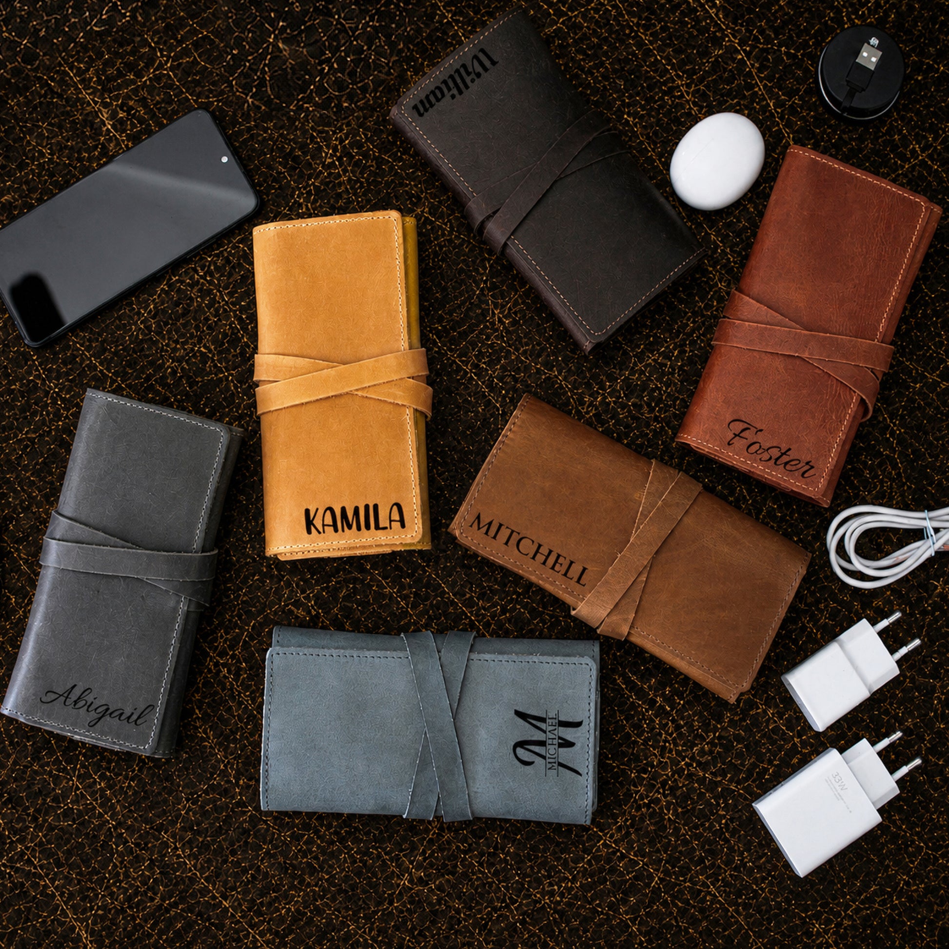 Close-up of leather cable organizer strap and hardware detail