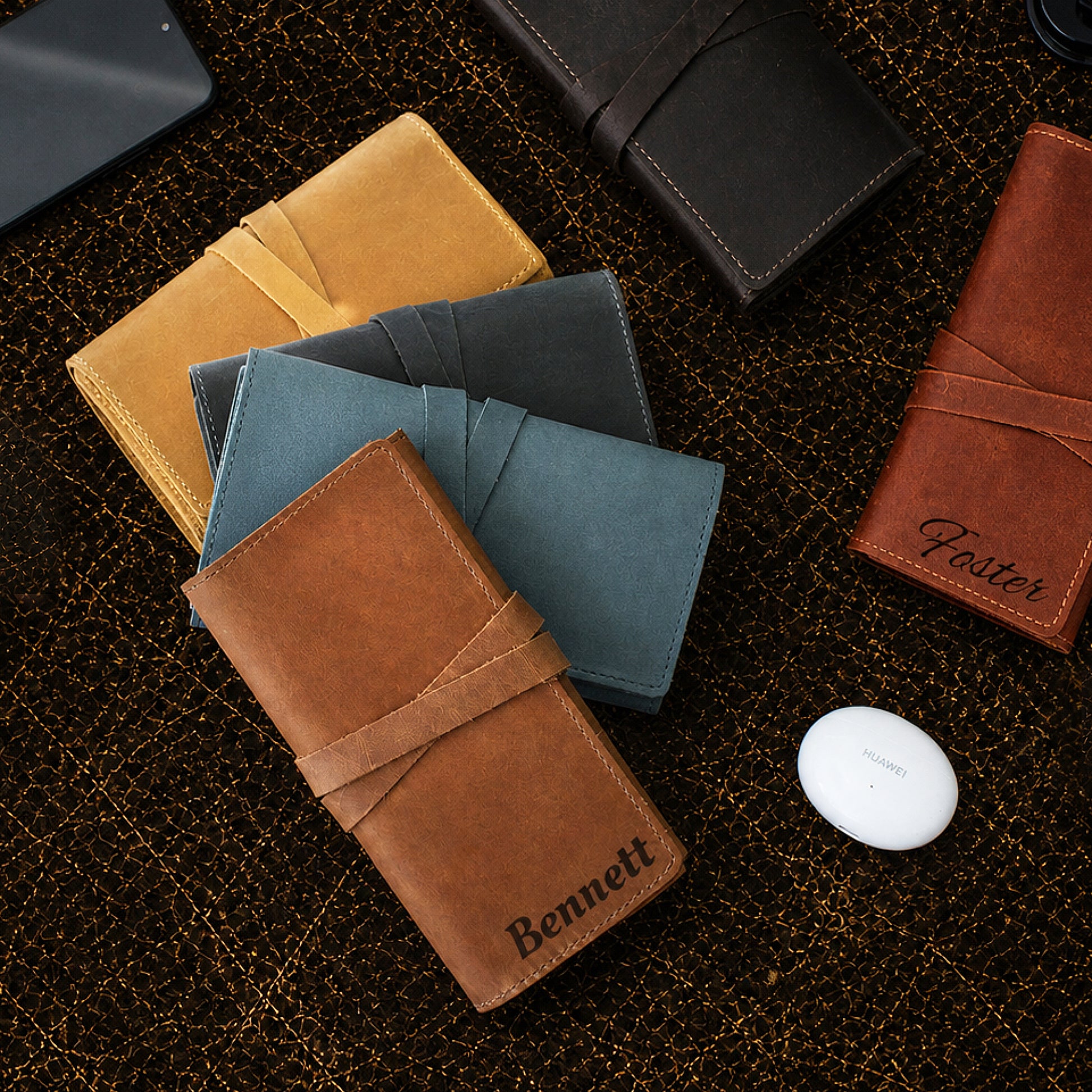 Personalized monogram engraving on handcrafted leather cord pouch