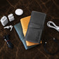 Leather cable organizer zipper and closure detail, durable brass hardware